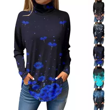 Футболки для женщин, осенние повседневные рубашки с длинными рукавами, толстовка с винтажным принтом, топ с высоким воротом, пуловер XXL