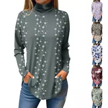 Футболки для женщин, осенние повседневные рубашки с длинными рукавами, толстовка с винтажным принтом, топ с высоким воротом, пуловер XXL синий