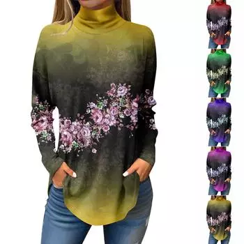 Футболки для женщин, осенние повседневные рубашки с длинными рукавами, толстовка с винтажным принтом, топ с высоким воротом, пуловер XL