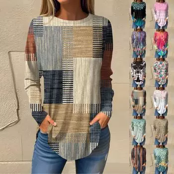 Футболки для женщин, осенние повседневные рубашки с длинными рукавами, толстовка с ретро-принтом, топ, пуловер XXL фиолетовый