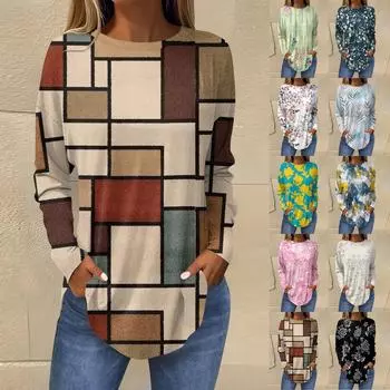 Футболки для женщин, осенние повседневные рубашки с длинными рукавами, толстовка с ретро-принтом, топ, пуловер L бежевый