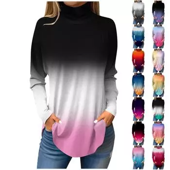 Футболки для женщин, осенние повседневные рубашки с длинными рукавами, толстовка с винтажным принтом, топ с высоким воротом, пуловер L