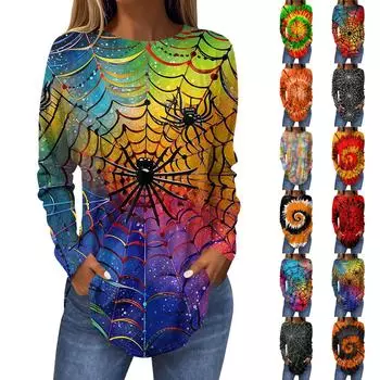 Футболки для женщин, осенние повседневные рубашки с длинными рукавами, толстовка, винтажный топ с графическим принтом, пуловер на Хэллоуин XXXL