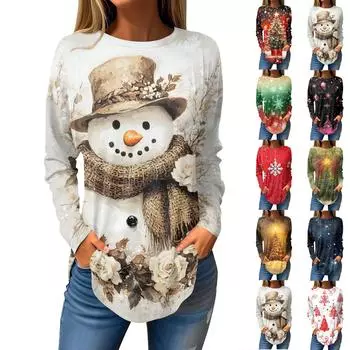 Футболки для женщин, осенние повседневные рубашки с длинным рукавом, толстовки с винтажным графическим принтом, топы, пуловеры, рождественские XXL винный