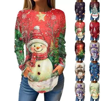 Футболки для женщин, осенние повседневные рубашки с длинным рукавом, толстовки с винтажным графическим принтом, топы, пуловеры, рождественские S