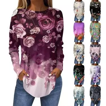 Футболки для женщин, осенние повседневные рубашки с длинными рукавами, толстовка с ретро-принтом, топ, пуловер XXXL