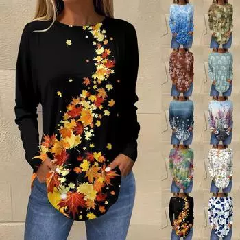 Футболки для женщин, осенние повседневные рубашки с длинным рукавом, толстовка, винтажный топ с графическим принтом, пуловер L чёрный