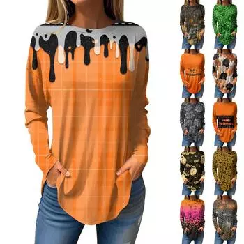 Футболки для женщин, осенние повседневные рубашки с длинными рукавами, толстовка с ретро-принтом, топ для Хэллоуина, пуловер M золотой