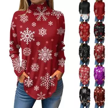 Футболки для женщин, осенние повседневные рубашки с длинными рукавами, толстовка с винтажным принтом, топ с высоким воротом, пуловер L чёрный