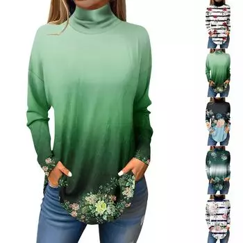 Футболки для женщин, осенние повседневные рубашки с длинными рукавами, толстовка с винтажным принтом, топ с высоким воротом, пуловер L синий