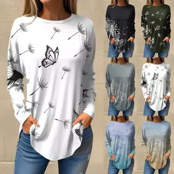 Футболки для женщин, осенние повседневные рубашки с длинными рукавами, толстовка с ретро-принтом, топ, пуловер S серый