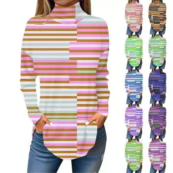 Футболки для женщин, осенние повседневные рубашки с длинными рукавами, толстовка в полоску с принтом, топ с высоким воротом, пуловер XXL
