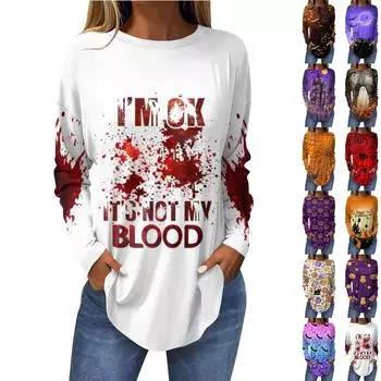 Футболки для женщин, осенние повседневные рубашки с длинными рукавами на Хэллоуин, толстовка с принтом, топ, пуловер S белый