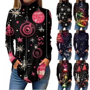 Футболки для женщин, осенние повседневные рубашки с длинными рукавами, толстовка с винтажным принтом, топ с высоким воротом, пуловер XXXL