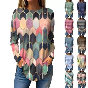 Футболки для женщин, осенние повседневные рубашки с длинным рукавом, толстовка, винтажный топ с графическим принтом, пуловер XXL синий