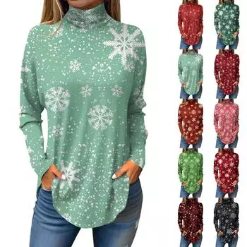 Футболки для женщин, осенние повседневные рубашки с длинными рукавами, толстовка с винтажным принтом, топ с высоким воротом, пуловер L чёрный