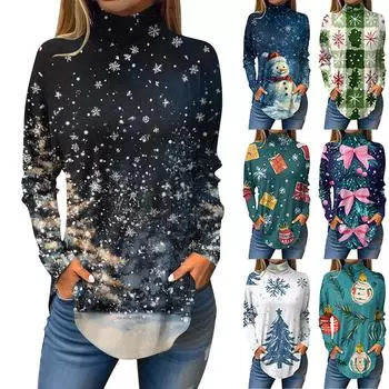 Футболки для женщин, осенние повседневные рубашки с длинными рукавами, толстовка с винтажным принтом, топ с высоким воротом, пуловер XXL зелёный