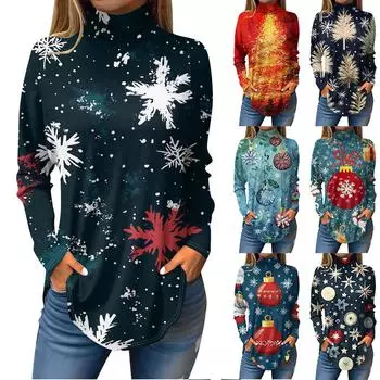 Футболки для женщин, осенние повседневные рубашки с длинными рукавами, толстовка с винтажным принтом, топ с высоким воротом, пуловер XXXL