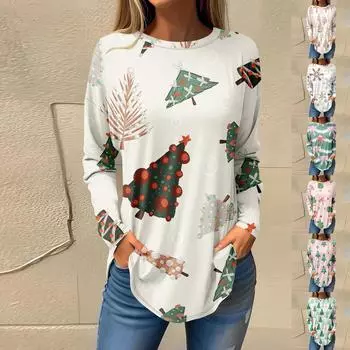 Футболки для женщин, осенние повседневные рубашки с длинными рукавами, толстовка с ретро-принтом, топ для рождественской вечеринки, пуловер M