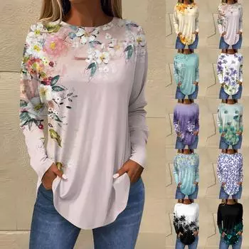 Футболки для женщин, осенние повседневные рубашки с длинными рукавами, толстовка с ретро-принтом, топ, пуловер L чёрный