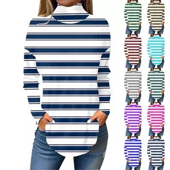 Футболки для женщин, осенние повседневные рубашки с длинными рукавами, толстовка в полоску с принтом, топ с высоким воротом, пуловер M зелёный