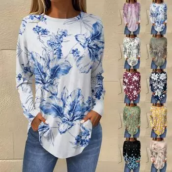 Футболки для женщин, осенние повседневные рубашки с длинными рукавами, толстовка с ретро-принтом, топ, пуловер L синий
