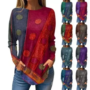 Футболки для женщин, осенние повседневные рубашки с длинными рукавами, толстовка с ретро-принтом, топ, пуловер XL тёмно-синий