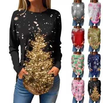 Футболки для женщин, осенние повседневные рубашки с длинным рукавом, толстовки с винтажным графическим принтом, топы, пуловеры, рождественские L армия зеленый