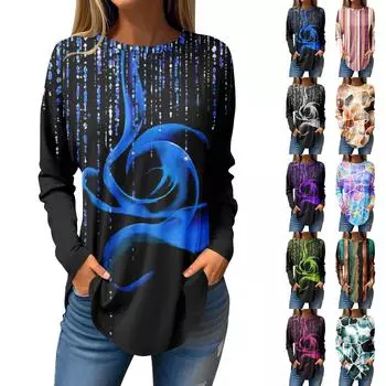 Футболки для женщин, осенние повседневные рубашки с длинным рукавом, толстовка, винтажный топ с графическим принтом, пуловер S зелёный