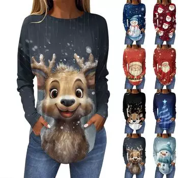 Футболки для женщин, осенние повседневные рубашки с длинными рукавами, толстовка с ретро-принтом, топ для рождественской вечеринки, пуловер S