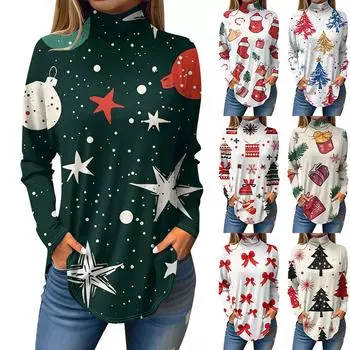 Футболки для женщин, осенние повседневные рубашки с длинными рукавами, толстовка с винтажным принтом, топ с высоким воротом, пуловер L киноварь