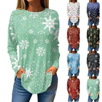Футболки для женщин, осенние повседневные рубашки с длинным рукавом, толстовки с винтажным графическим принтом, топы, пуловеры, рождественские S тёмно-синий