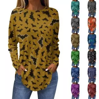 Футболки для женщин, осенние повседневные рубашки с длинными рукавами, толстовка, винтажный топ с графическим принтом, пуловер на Хэллоуин XXXL чёрный