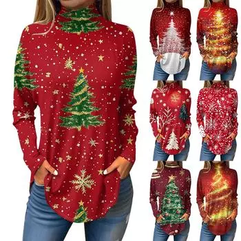 Футболки для женщин, осенние повседневные рубашки с длинными рукавами, толстовка с винтажным принтом, топ с высоким воротом, пуловер XXXL золотой