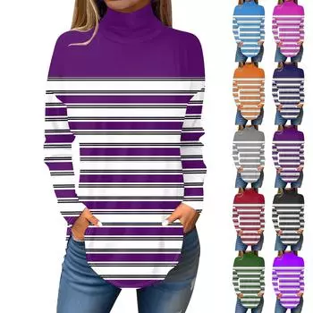 Футболки для женщин, осенние повседневные рубашки с длинными рукавами, толстовка в полоску с принтом, топ с высоким воротом, пуловер XL оранжевый