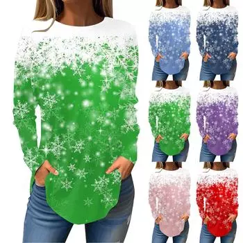 Футболки для женщин, осенние повседневные рубашки с длинными рукавами, толстовка с ретро-принтом, топ для рождественской вечеринки, пуловер XXXL