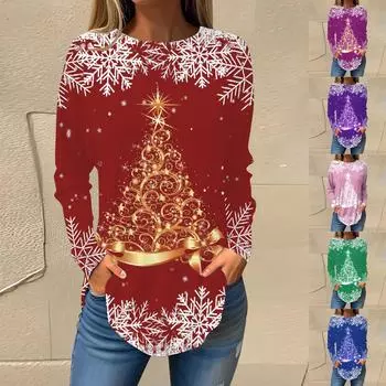 Футболки для женщин, осенние повседневные рубашки с длинными рукавами, толстовка с ретро-принтом, топ для рождественской вечеринки, пуловер XXL красный