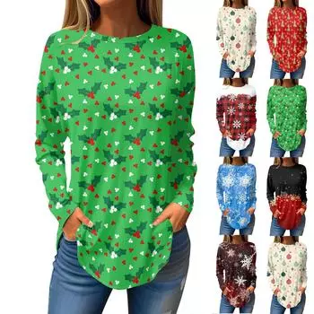 Футболки для женщин, осенние повседневные рубашки с длинным рукавом, толстовки с винтажным графическим принтом, топы, пуловеры, рождественские M винный
