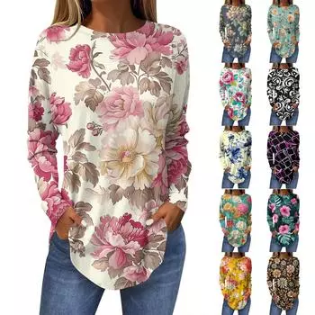 Футболки для женщин, осенние повседневные рубашки с длинными рукавами, толстовка с ретро-принтом, топ, пуловер XXXL