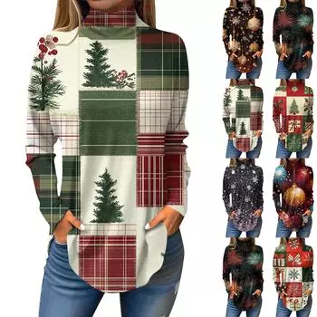 Футболки для женщин, осенние повседневные рубашки с длинными рукавами, толстовка с винтажным принтом, топ с высоким воротом, пуловер M киноварь