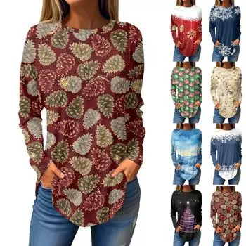 Футболки для женщин, осенние повседневные рубашки с длинным рукавом, толстовки с винтажным графическим принтом, топы, пуловеры, рождественские XL красный