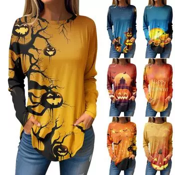 Футболки для женщин, осенние повседневные рубашки с длинным рукавом, толстовка с принтом на Хэллоуин, топ, пуловер XXXL жёлтый