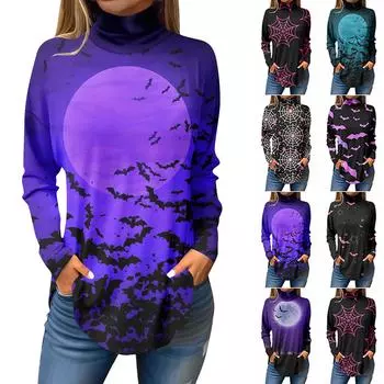 Футболки для женщин, осенние повседневные рубашки с длинными рукавами, толстовка с принтом на Хэллоуин, топ с высоким воротом, пуловер XXXL