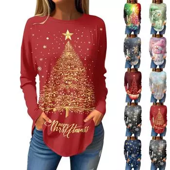 Футболки для женщин, осенние повседневные рубашки с длинным рукавом, толстовки с винтажным графическим принтом, топы, пуловеры, рождественские XXL
