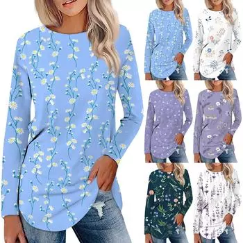 Футболки для женщин, осенние повседневные рубашки с длинными рукавами, толстовка с ретро-принтом, топ, пуловер XXL синий