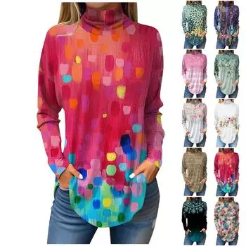 Футболки для женщин, осенние повседневные рубашки с длинными рукавами, толстовка с винтажным принтом, топ с высоким воротом, пуловер XXL зелёный