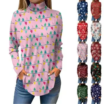 Футболки для женщин, осенние повседневные рубашки с длинными рукавами, толстовка с винтажным принтом, топ с высоким воротом, пуловер L темно-зеленого