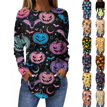 Футболки для женщин, осенние повседневные рубашки с длинными рукавами, толстовка, винтажный топ с графическим принтом, пуловер на Хэллоуин M