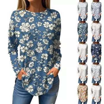 Футболки для женщин, осенние повседневные рубашки с длинным рукавом, толстовка, винтажный топ с графическим принтом, пуловер L синий