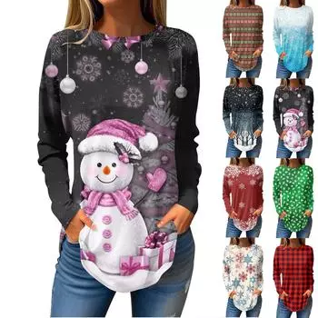 Футболки для женщин, осенние повседневные рубашки с длинным рукавом, толстовки с винтажным графическим принтом, топы, пуловеры, рождественские L синий